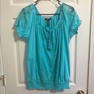 Style & Co Aqua Blue Lace Tassel Keyhole Top Sz M NWOT Boho